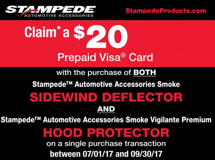 Stampede Automotive Accessories: $20 Prepaid Card with Purchase of Smoke Sidewind Deflector and Hood Protector