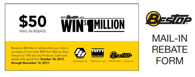 Bestop: Enter Win a Million Sweepstakes and Get a $50 Rebate with Purchase of More Than $299 in Bestop, Baja Designs, or Tuffy Security Products