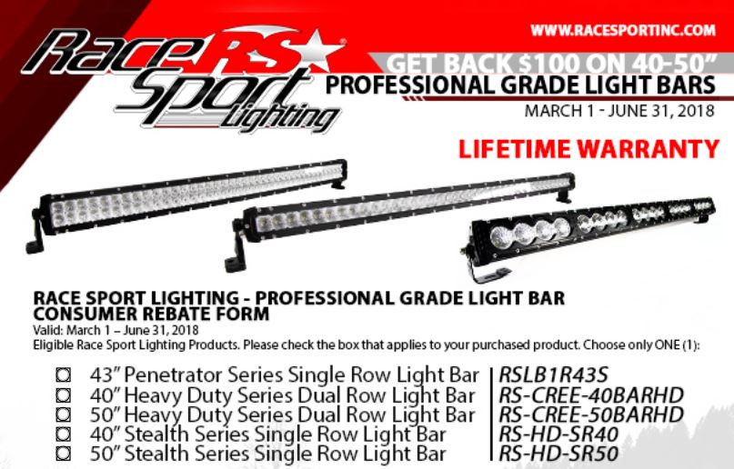 Race Sport 100 Back on Select Professional Grade Light Bars
