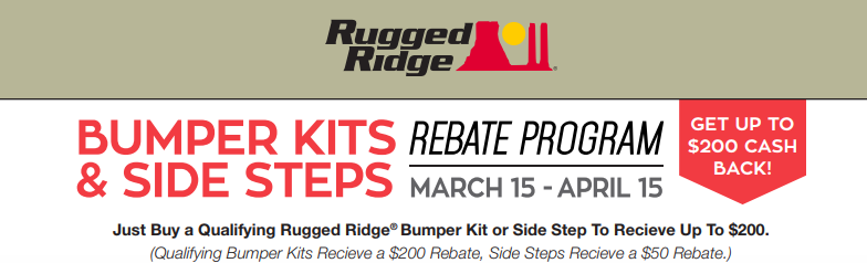 Rugged Ridge 200 Cash Back on Bumpers and Side Steps