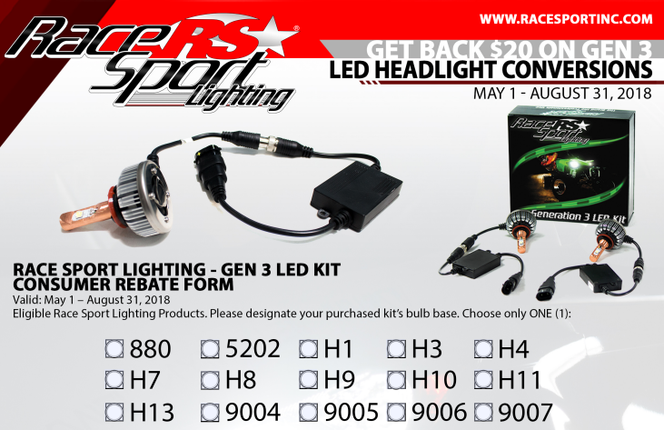 Race Sport: Get $20 Prepaid Card with GEN 3 LED Headlight Conversion Purchase