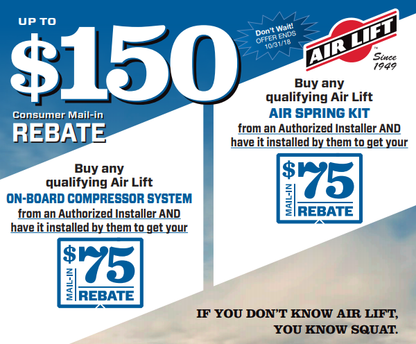 Air Lift: Get up to $150 Back on On-Board Compressor Systems and Air Spring Kits with Installation