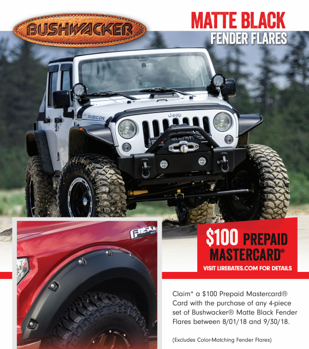 Bushwacker 100 Card on Matte Black Fender Flares